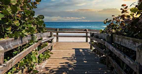 A wooden walkway leads to a beach at The Teale New Haven Apartments, Melbourne, FL, 32904