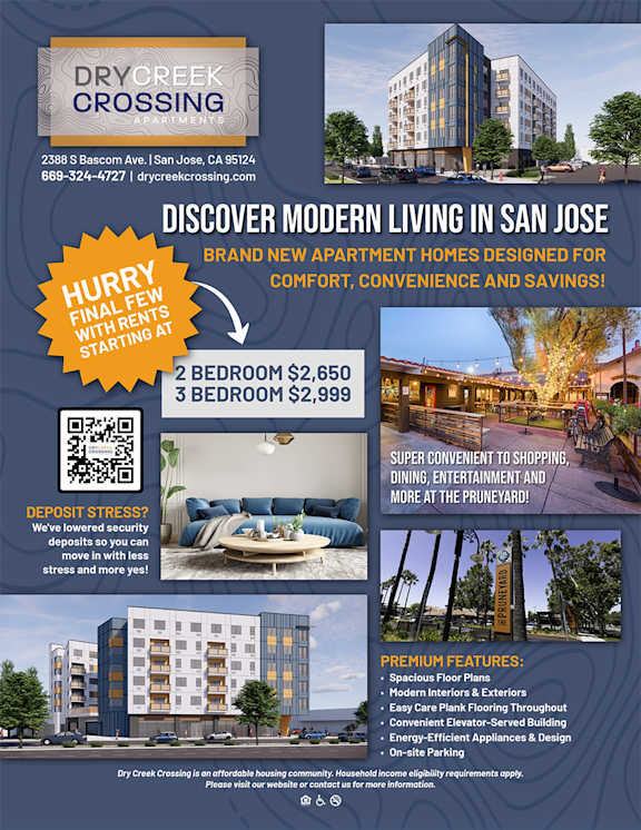 A flyer for Dry Creek Crossing apartments in San Jose, CA, advertising modern living with special move-in offers.