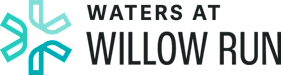 A graphic with the text "Waters at Willow Run" in white on a green background.