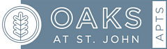 A logo with the text "Oaks at St. John" and a graphic of a leaf.