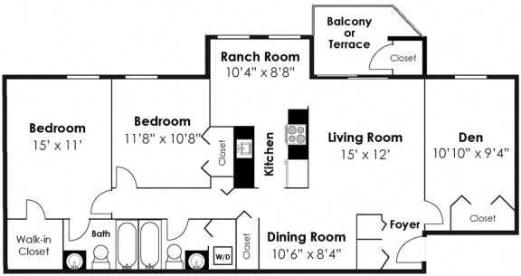 2 Bedroom 2 Bath Den Renovated Floor Plan at Westwinds Apartments, Maryland