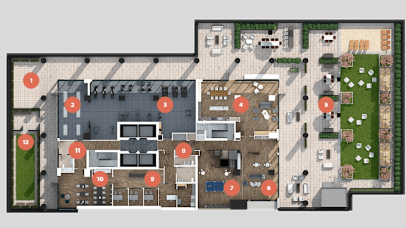 a floor plan of a house with a courtyard and a patio