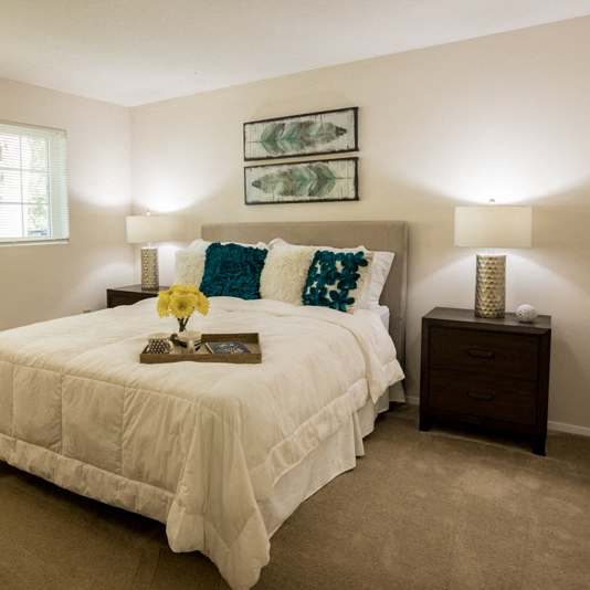 A bedroom with a bed, nightstand, and a plant.