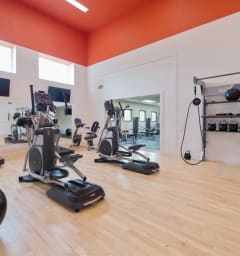 a gym with cardio equipment and weights on a wooden floor