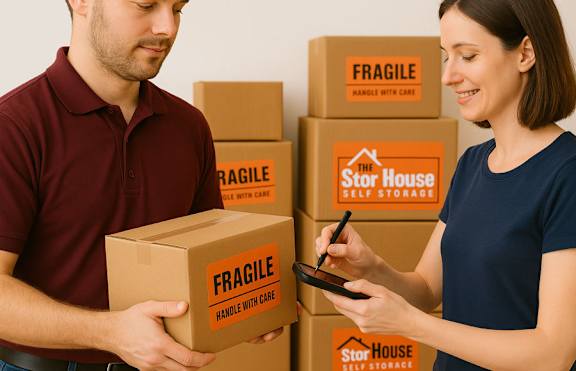 A man and woman are standing in front of boxes labeled "The Storehouse Self Storage".