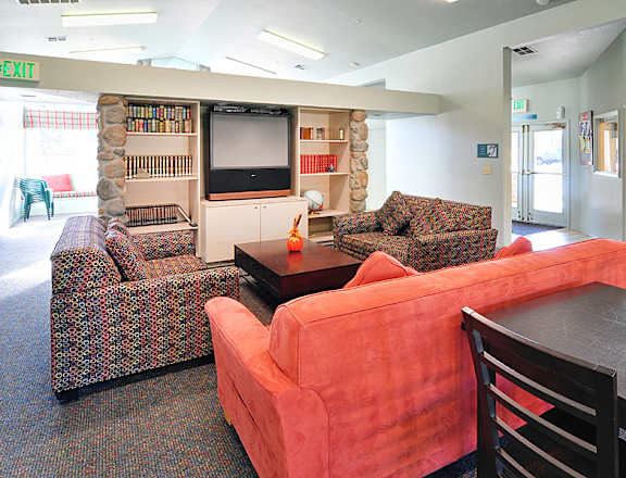 a living room with couches a table and a television
