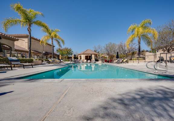 A swimming pool surrounded by palm trees and a building in the background.