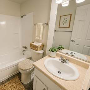 A bathroom with a toilet, sink, and shower.