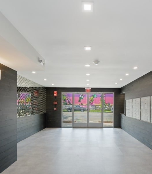 a view of the lobby from the front of the building