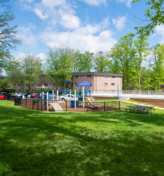a large yard with a playground and a pool