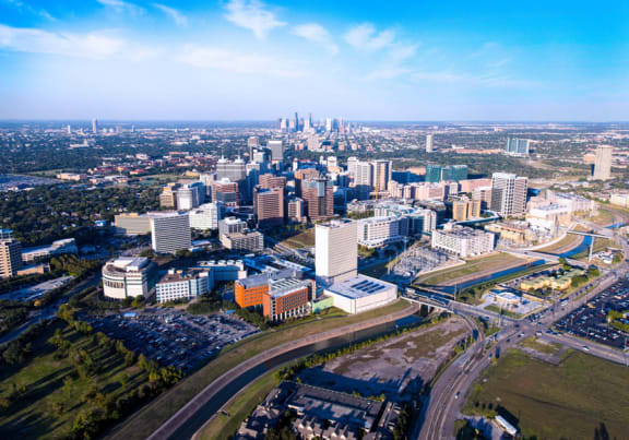 an aerial view of the city
