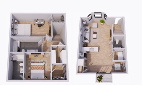 Two floor plan images of a house with a kitchen, living room, bedrooms and bathrooms.