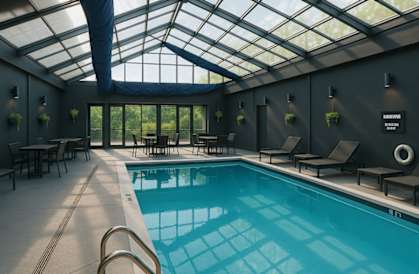 A swimming pool inside a room with a glass ceiling.
