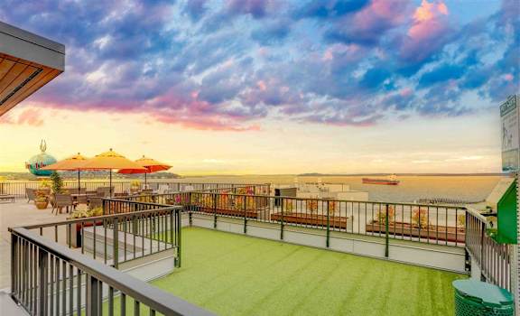 a patio with a green turf and a view of the ocean