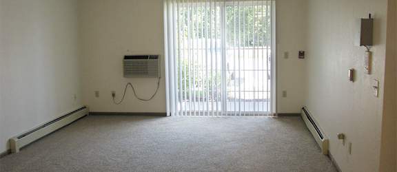 A room with a carpet floor, a window with blinds, and a sliding glass door.