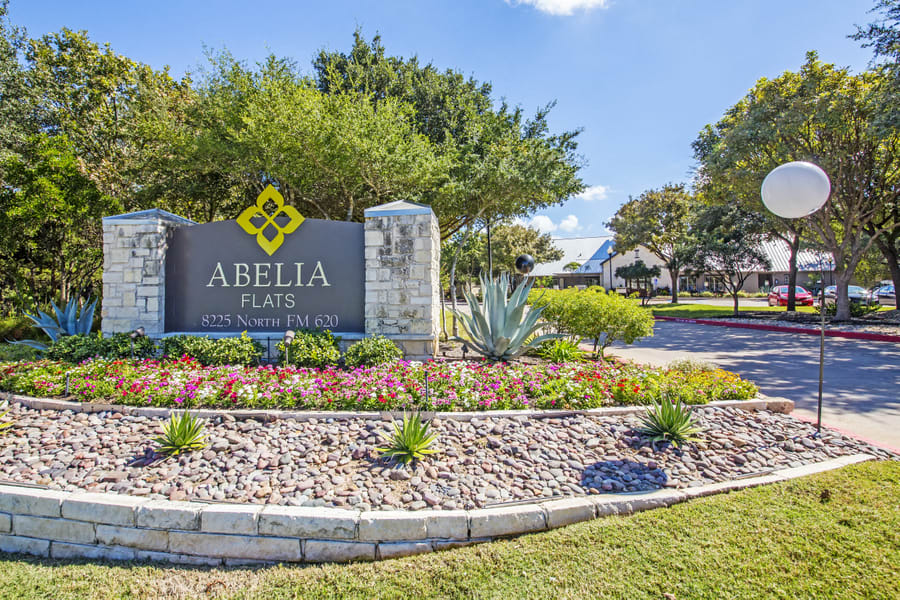Abelia Flats monument sign at the community entrance - Austin, TX