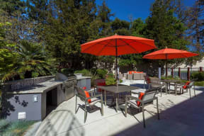 Apartments For Rent In Campbell, CA - Grilling Station With Umbrella Seating Area And Landscaping