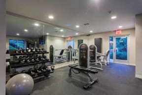 Campbell Apartments for Rent- Parc at Pruneyard- Floor-to-Ceiling Mirror Walls with Free Weights and Bench Press