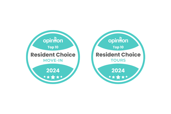 Two circular badges with the text "opinion Top 10 Resident Choice MOVE-IN TOURS 2024" on them.