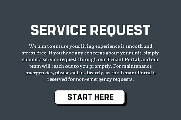 A service request form is displayed with a dark background and a button that says "START HERE".