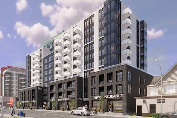 A rendering of a multi-story building with the words "Covenience" and "News Insurance" on the front.