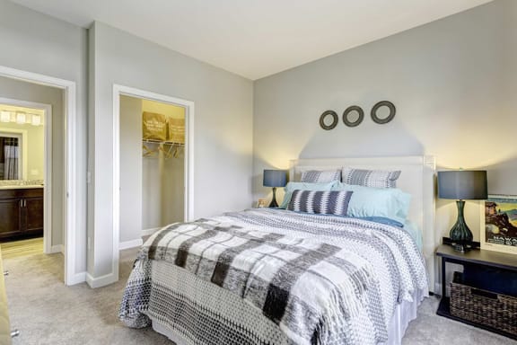 a bedroom with a bed and a closet