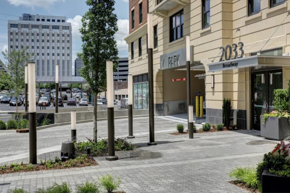 Building entrance poles view at Aertson Midtown, Nashville, TN, 37203