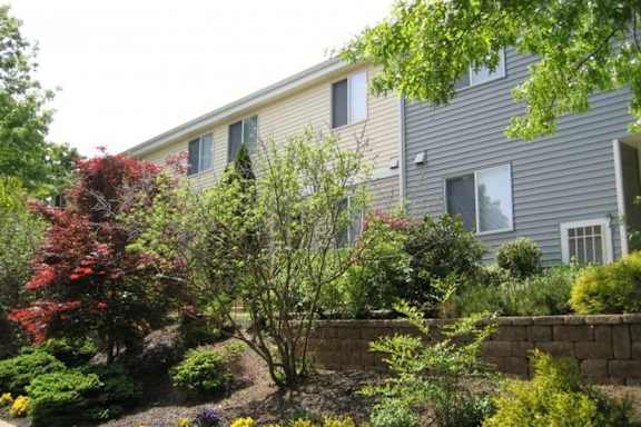 Rear of apartment building with large trees and shrubbery at Yardley Crossing