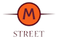 A logo with a red circle and a letter M in the center.