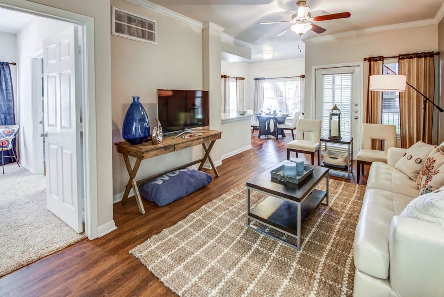 Abelia Flats open living room with access to bedroom and kitchen - Austin, TX