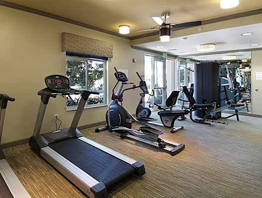 a gym with treadmills and other exercise equipment in a building