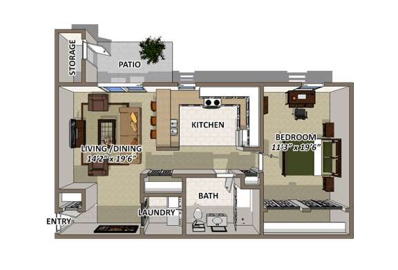 A floor plan of a house with a living room, kitchen, bedroom, bathroom, and laundry area. at Lakecrest Apartments, PRG Real Estate Management, Greenville, South Carolina