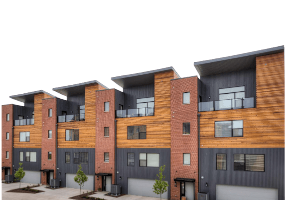 a rendering of a group of apartment buildings against a black sky