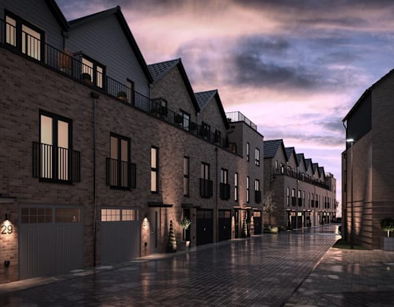 a rendering of a row of houses on a street