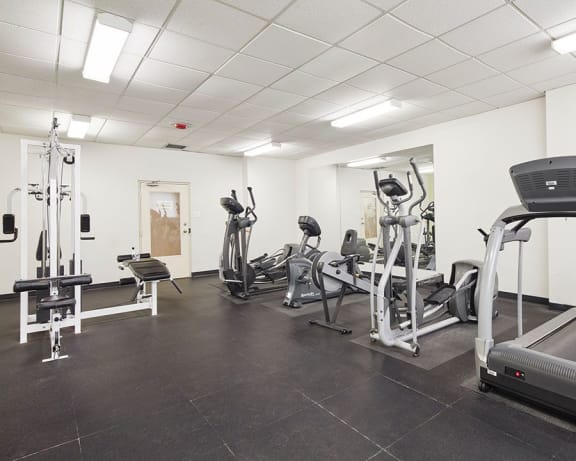 The fitness centre, well-lit and full of equipment.
