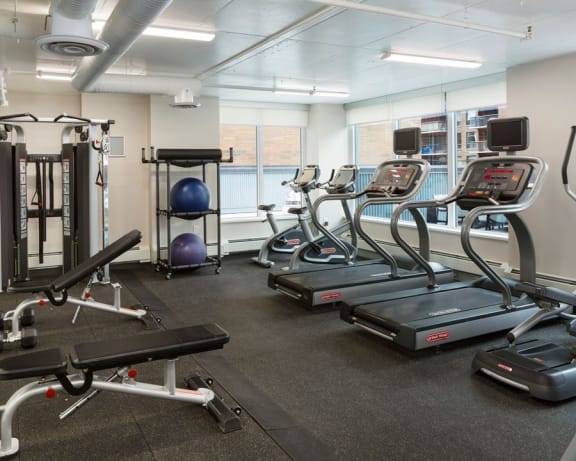 Fitness facility with weight bench, weights, treadmills, bikes and yoga balls