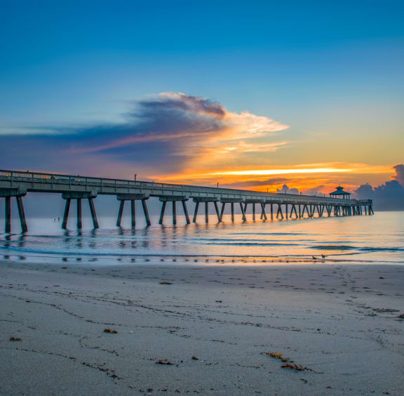the pier at the beach at sunset
