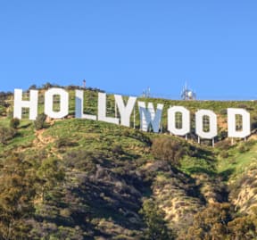 The Hollywood sign is displayed on a hill.