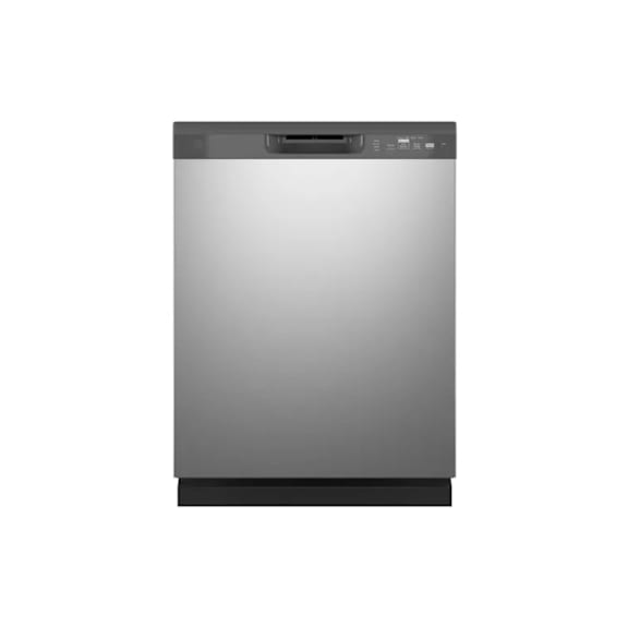 A front-loading dishwasher with a black control panel.