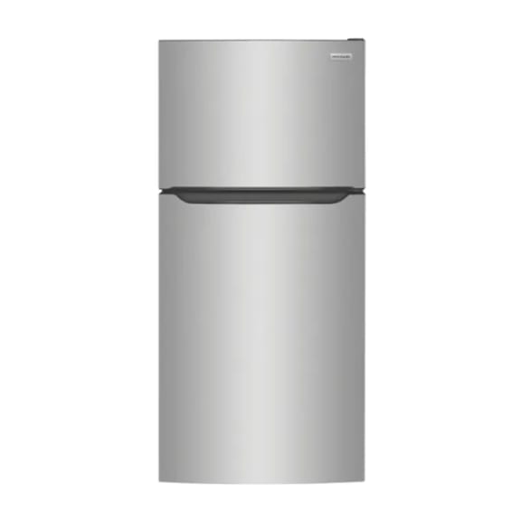 A silver refrigerator with a black handle.