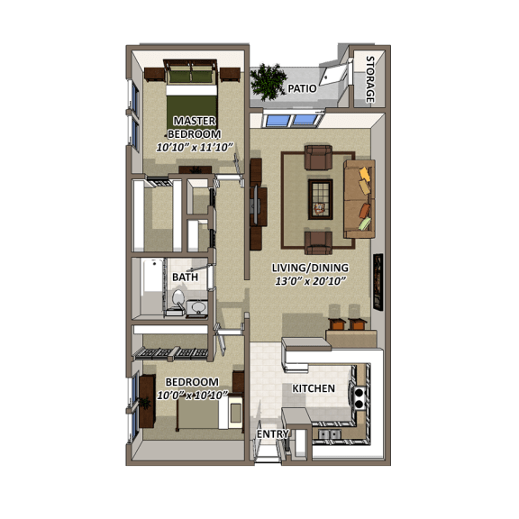 A floor plan of a house with a master bedroom, a living/dining area, a kitchen, a bath, and an entry. at Lakecrest Apartments, PRG Real Estate Management, Greenville, South Carolina