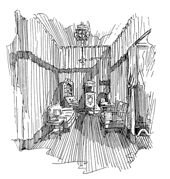 a black and white drawing of a room with chairs and a table