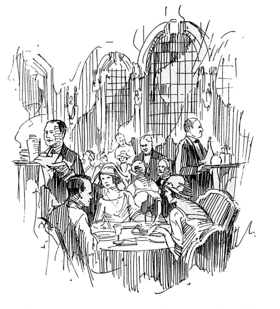 a sketch of people sitting at tables in a restaurant