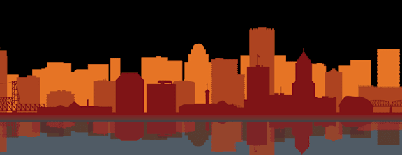 A city skyline silhouette is reflected in the water below.