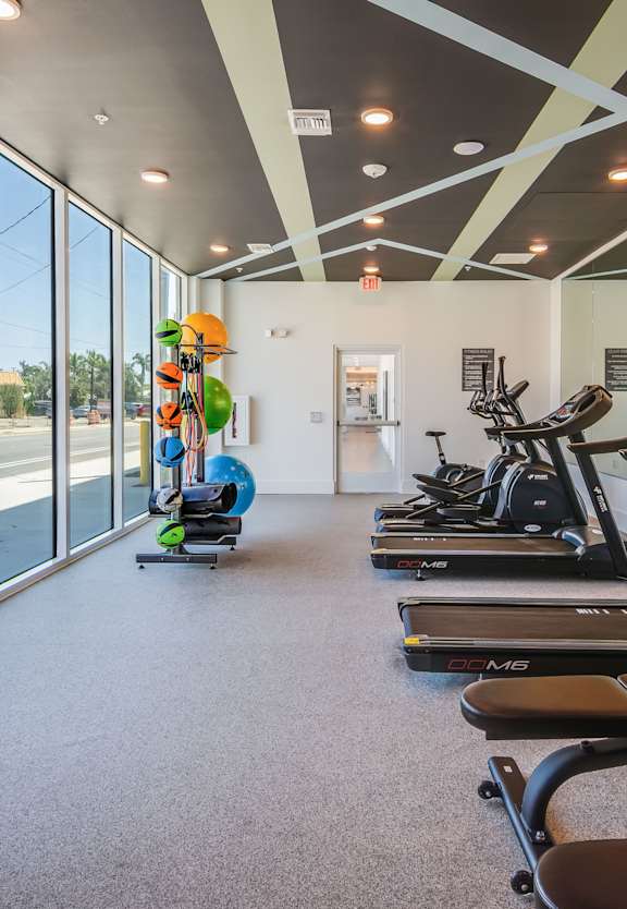 A gym with treadmills, exercise bikes, and a rowing machine.