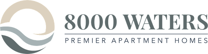 8000 Waters Premier Apartment Homes logo on black background with elegant modern typography, representing luxury apartment living branding