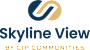 A logo for Skyline View Apartments featuring a silhouette of a city skyline with a sun in the background.