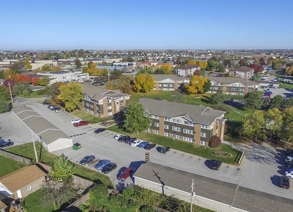 Ariel View of Parking, Detached Garages and Apartment Buildings at Timberland at Crestbruck