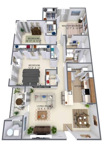 Floor Plan  A floor plan of a three bedroom, two bathroom apartment.