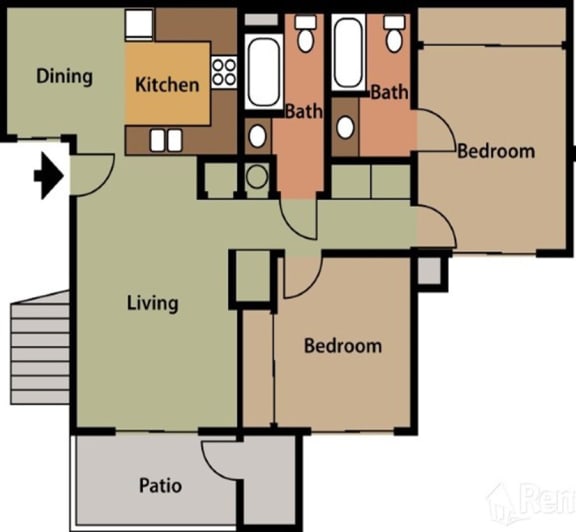 Floor plan 2 plus 1 at The Oaks Apartments, Upland, 91786